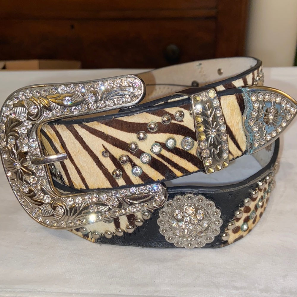 Nacona Belt Company Zebra Leather & Crystal Western Belt